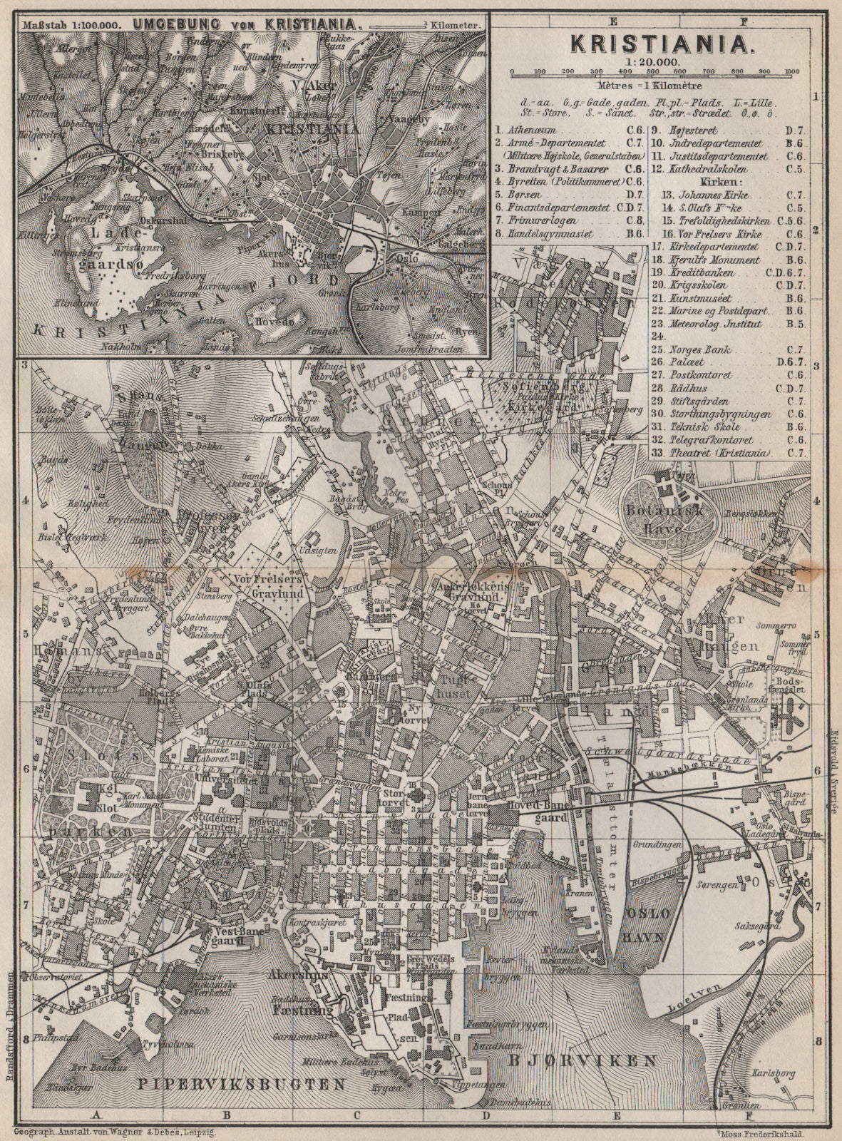 CHRISTIANIA (OSLO) antique town city byplan. Norway kart. BAEDEKER 1885 map